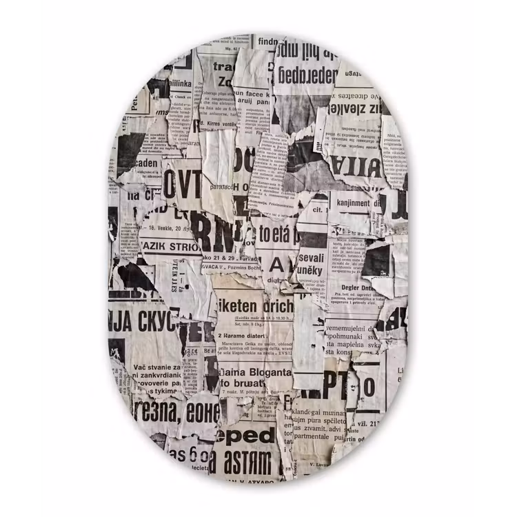 Krant - Gescheurd - Textuur - Abstract - Zwart-wit Wandcirkel Ovaal Forex klein -3d