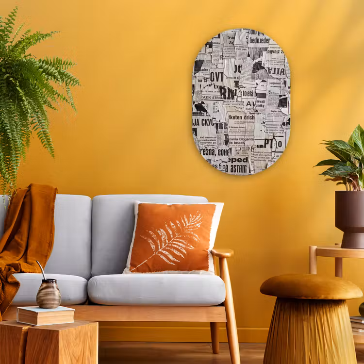 Krant - Gescheurd - Textuur - Abstract - Zwart-wit Wandcirkel Ovaal Forex klein -sfeer4