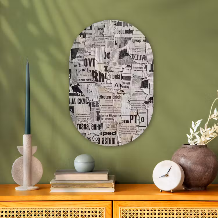 Krant - Gescheurd - Textuur - Abstract - Zwart-wit Wandcirkel Ovaal Forex klein -sfeer2