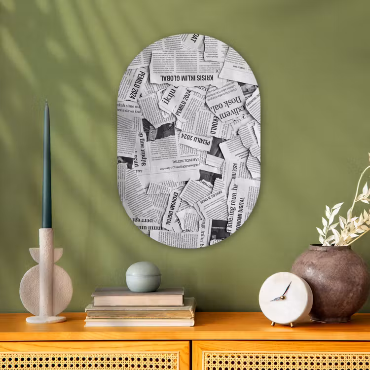 Krant - Versnipperd - Textuur - Zwart-wit - Abstract Wandcirkel Ovaal Forex klein -sfeer2