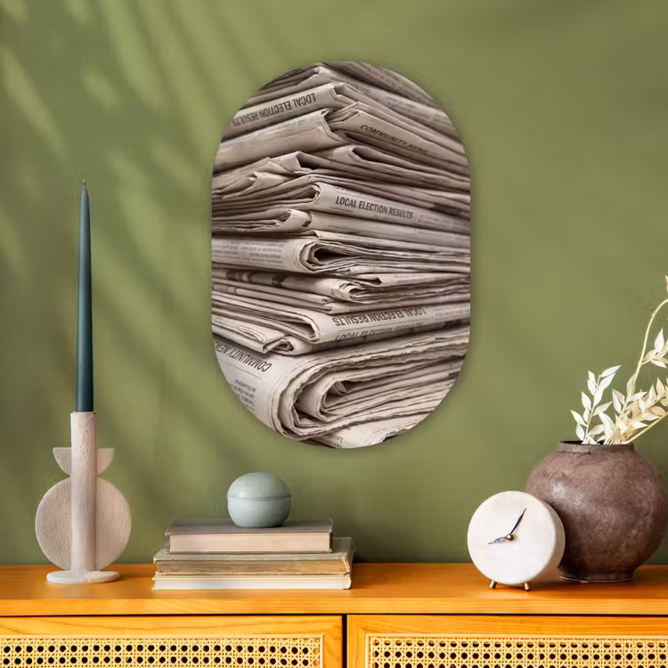 Kranten - Stapel - Nieuws - Vintage - Beige Wandcirkel Ovaal Forex klein -sfeer2