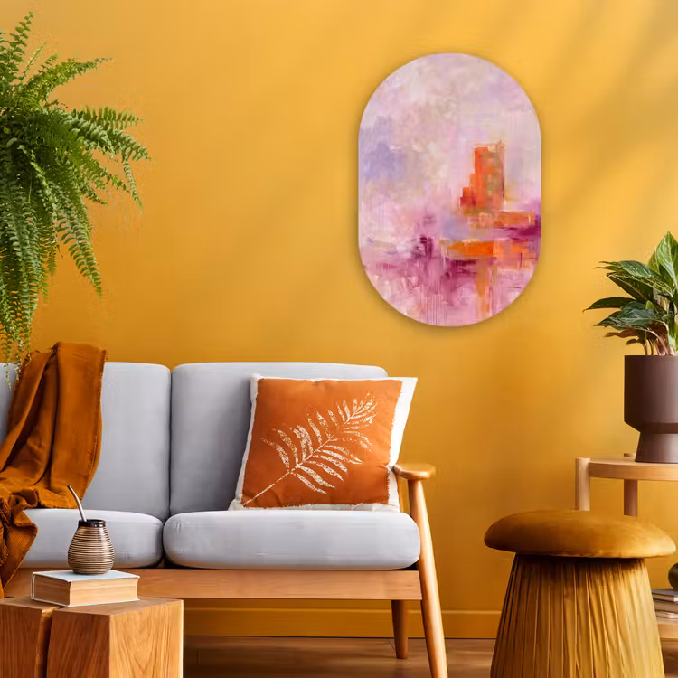 Abstract - Borstelstreken - Kunst - Paars - Goud Wandcirkel Ovaal Forex klein -sfeer4