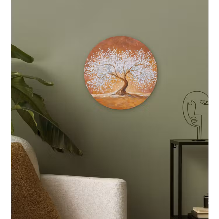 Abstract - Boom - Wit - Bladeren Wandcirkel kunststof plaat 5mm dik klein -sfeer3