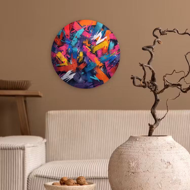 Abstract - Explosie - Neonkleuren Wandcirkel kunststof plaat 5mm dik klein -sfeer1