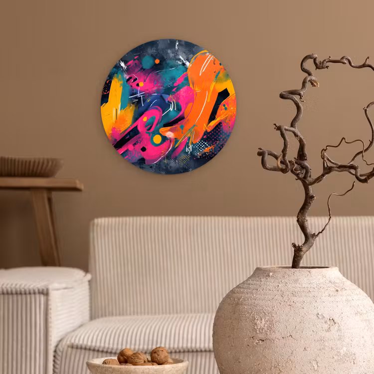 Abstract - Graffiti - Kleurrijk - Verfspatten Wandcirkel kunststof plaat 5mm dik klein -sfeer1