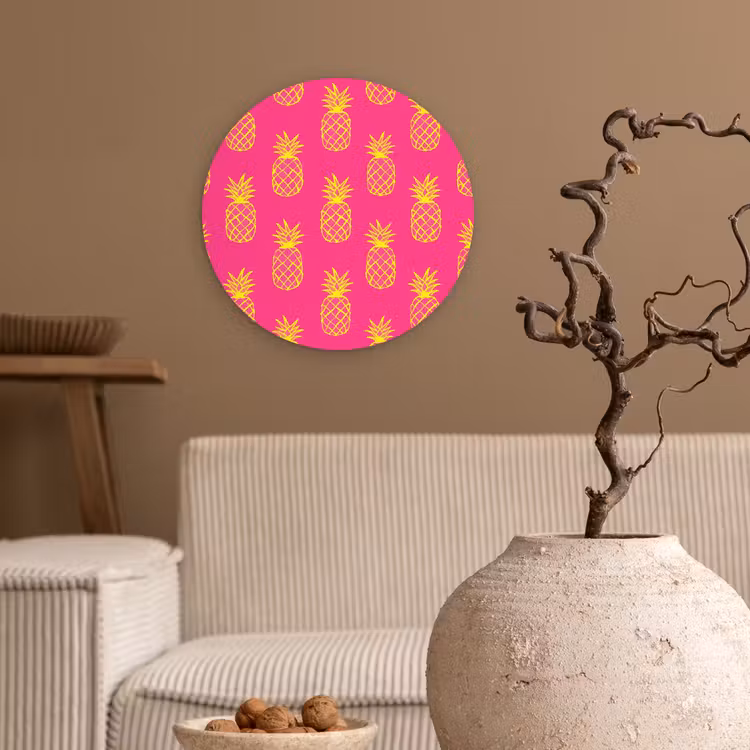 Ananas - Trendy - Roze Wandcirkel kunststof plaat 5mm dik klein 188 -sfeer1