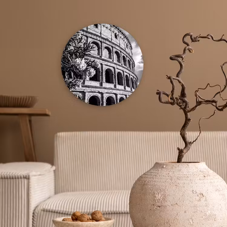 Architectuur - Colosseum - Rome - Historisch - Zwart-wit Wandcirkel kunststof plaat 5mm dik klein -sfeer1