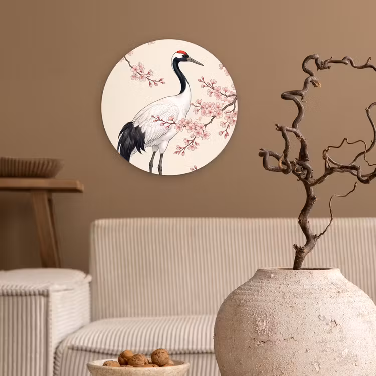 Aziatisch - Kraanvogel - Beige Wandcirkel kunststof plaat 5mm dik klein -sfeer1