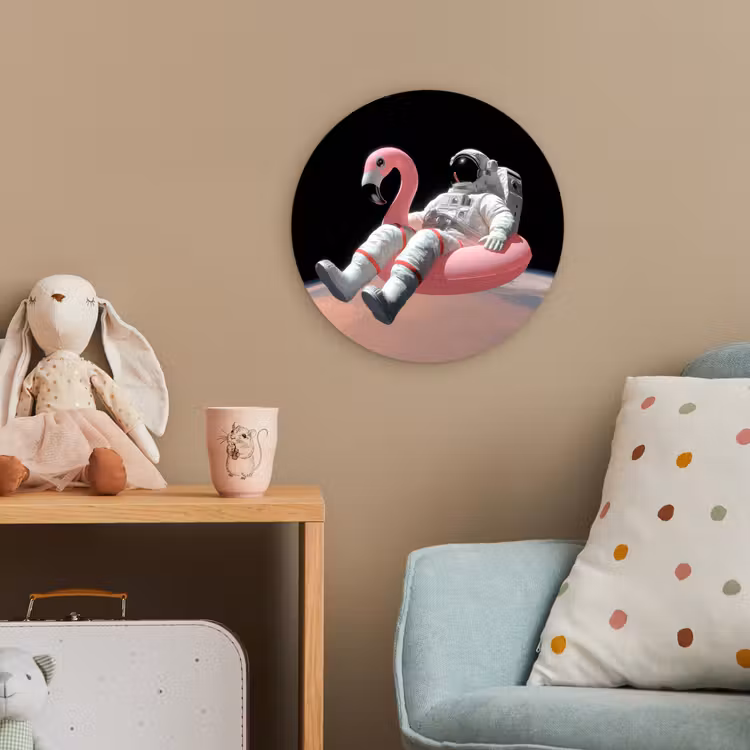 Astronaut - Flamingo - Zwemband - Roze Wandcirkel kunststof plaat 5mm dik klein -tsfeer1_kind