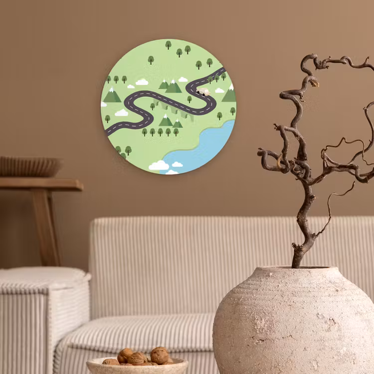 Auto - Bergweg - Natuur - Illustratie Wandcirkel kunststof plaat 5mm dik klein -sfeer1