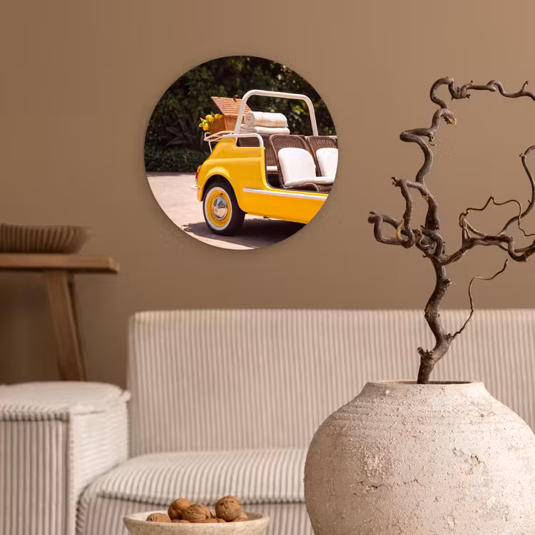 Auto - Picknick - Zomer - Geel Wandcirkel kunststof plaat 5mm dik klein -sfeer1