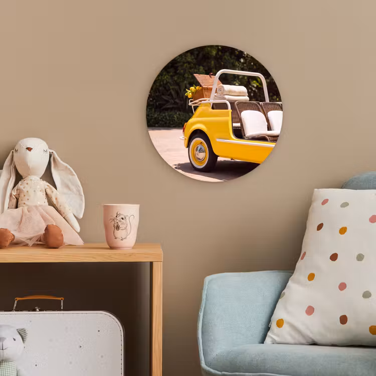 Auto - Picknick - Zomer - Geel Wandcirkel kunststof plaat 5mm dik klein -tsfeer1_kind