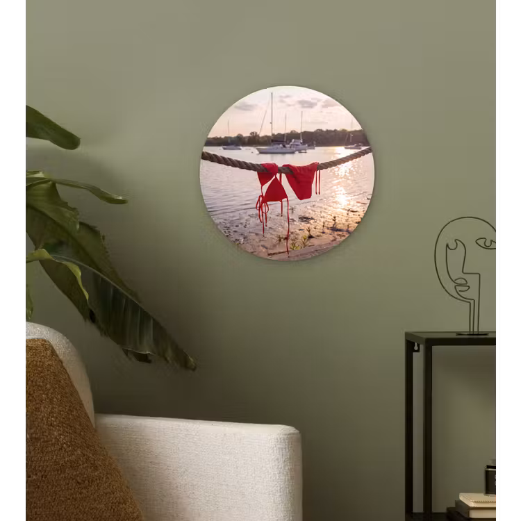 Badkleding - Rood - Zomer - Water - Zonsondergang Wandcirkel kunststof plaat 5mm dik klein -sfeer3