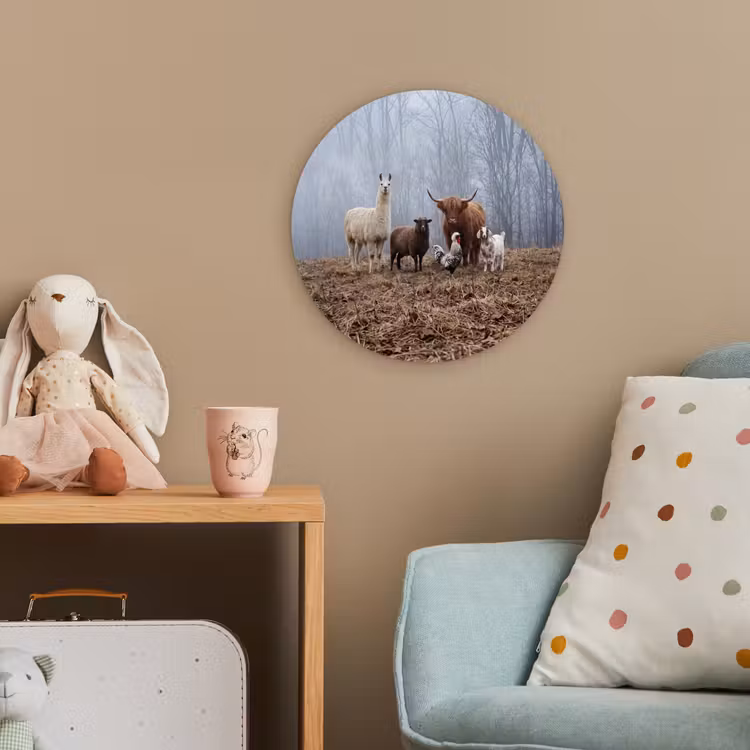 Boerderijdieren - Groep - Mist - Natuur - Rustiek Wandcirkel kunststof plaat 5mm dik klein -tsfeer1_kind