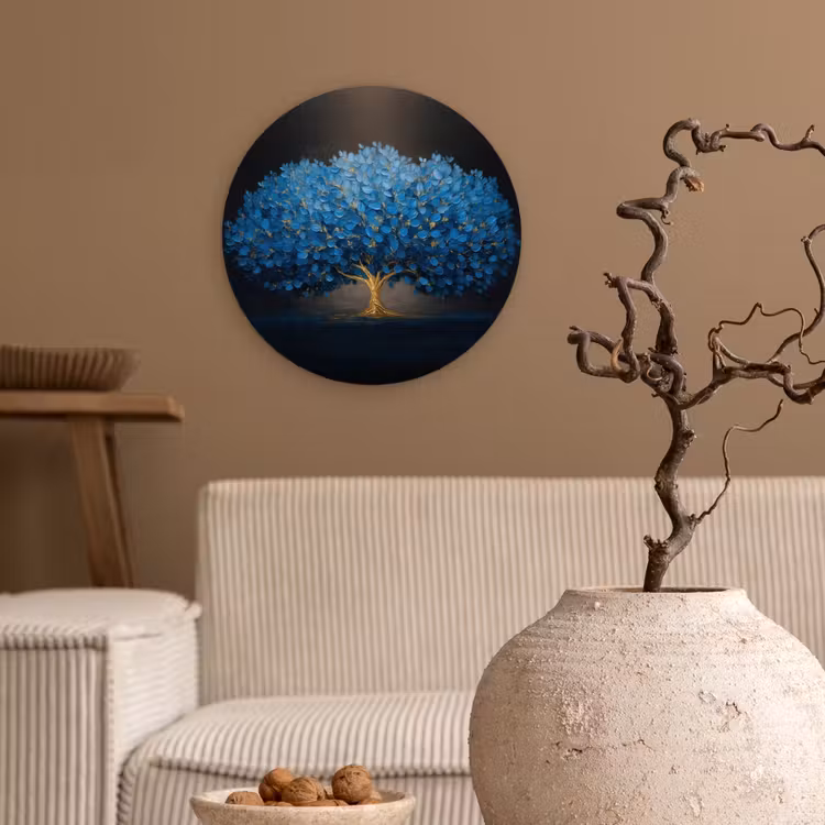 Boom - Blauw - Bladeren - Penseelstreken Wandcirkel kunststof plaat 5mm dik klein -sfeer1