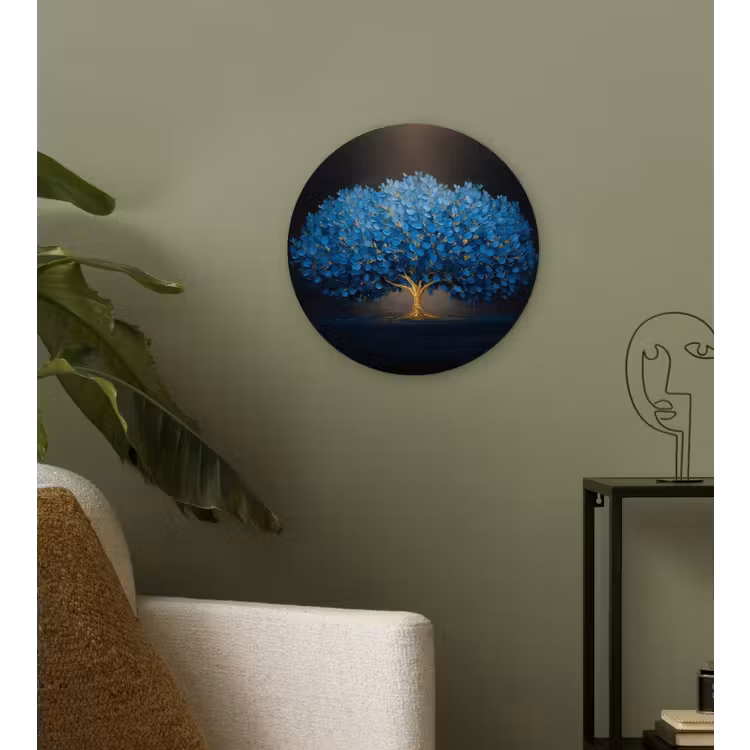 Boom - Blauw - Bladeren - Penseelstreken Wandcirkel kunststof plaat 5mm dik klein -sfeer3
