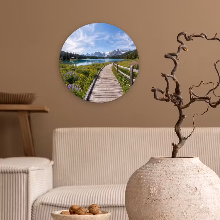 Bergen - Meer - Landschap - Blauw Wandcirkel kunststof plaat 5mm dik klein -sfeer1