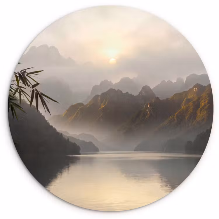 Bergen - Water - Mist - Natuur - Landschap Wandcirkel kunststof plaat 5mm dik klein -3d