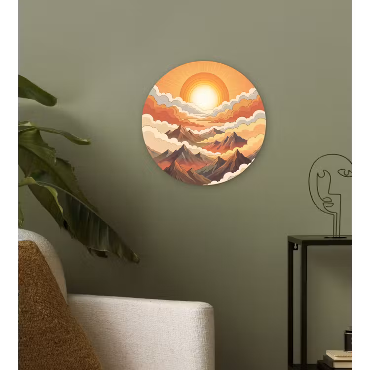 Bergen - Wolken - Natuur - Zonsopgang - Oranje Wandcirkel kunststof plaat 5mm dik klein -sfeer3