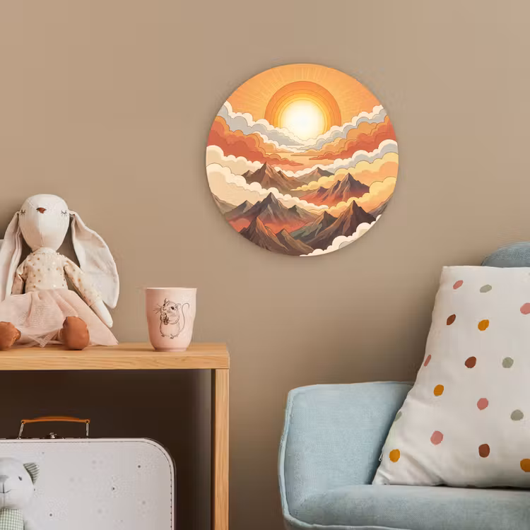 Bergen - Wolken - Natuur - Zonsopgang - Oranje Wandcirkel kunststof plaat 5mm dik klein -tsfeer1_kind