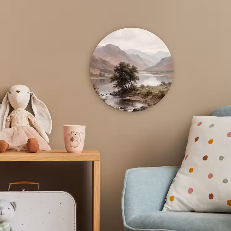 Berglandschap - Meer - Bergen - Vallei - Klassiek Wandcirkel kunststof plaat 5mm dik klein -tsfeer1_kind