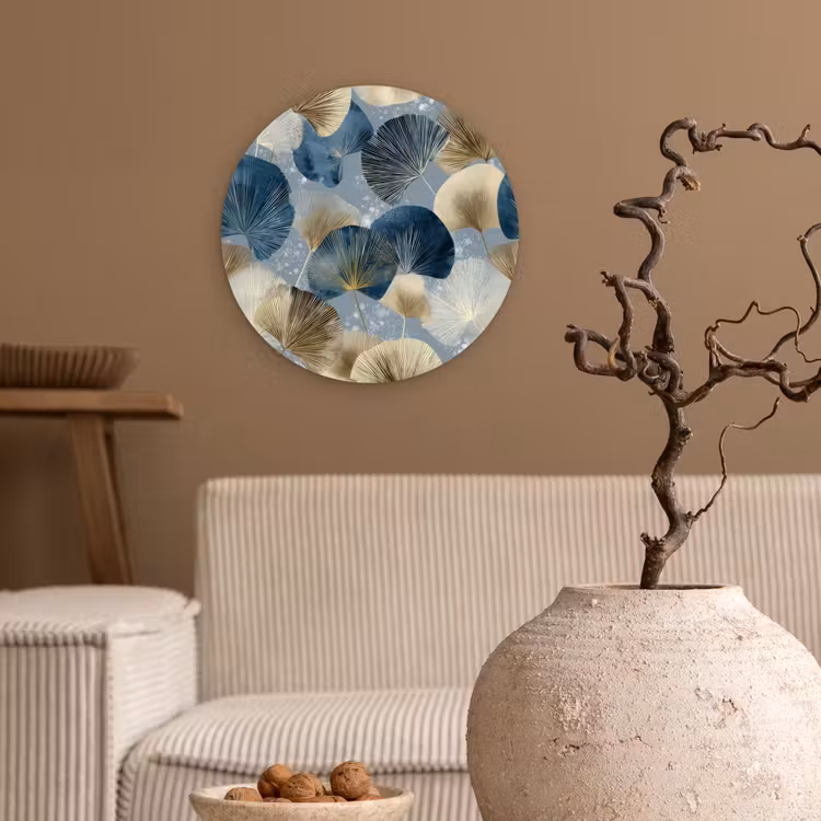 Bladeren - Abstract - Goud - Blauw Wandcirkel kunststof plaat 5mm dik klein -sfeer1