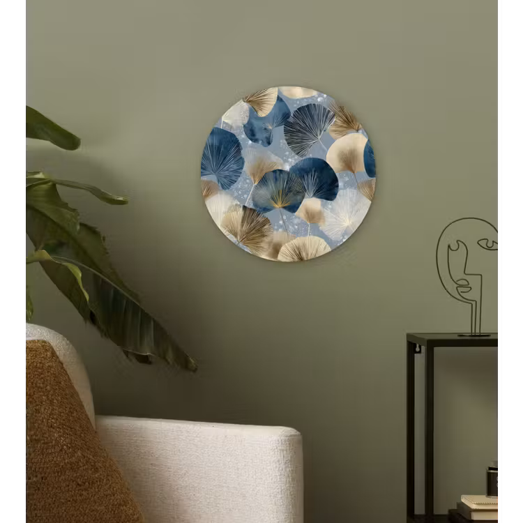Bladeren - Abstract - Goud - Blauw Wandcirkel kunststof plaat 5mm dik klein -sfeer3