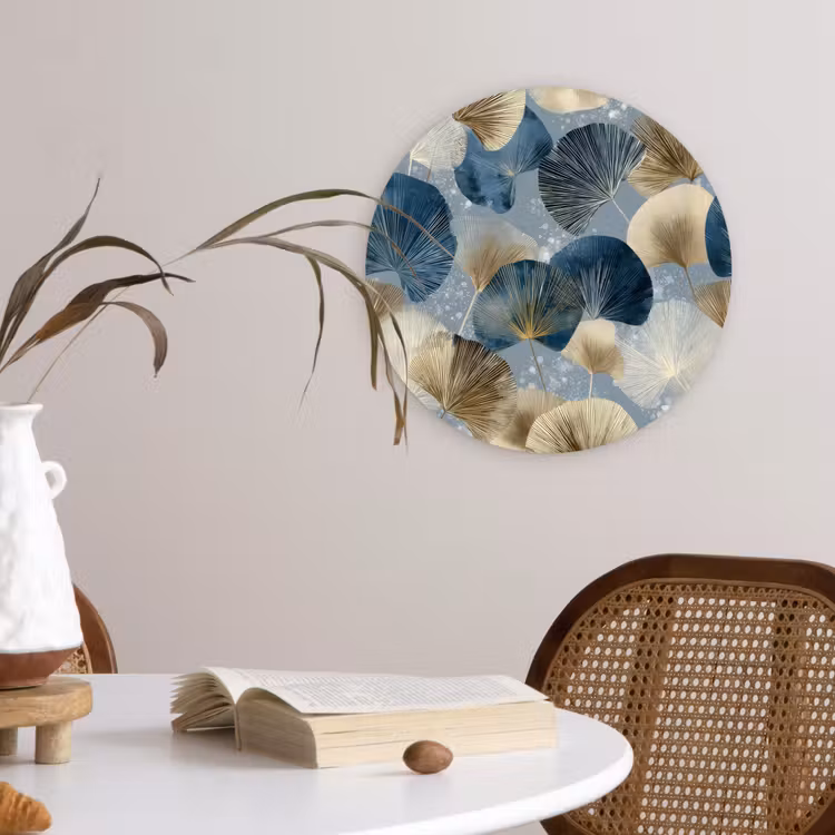 Bladeren - Abstract - Goud - Blauw Wandcirkel kunststof plaat 5mm dik klein -sfeer4