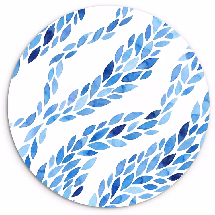 Bladeren - Aquarel - Patroon - Modern - Blauw Wandcirkel kunststof plaat 5mm dik klein -3d