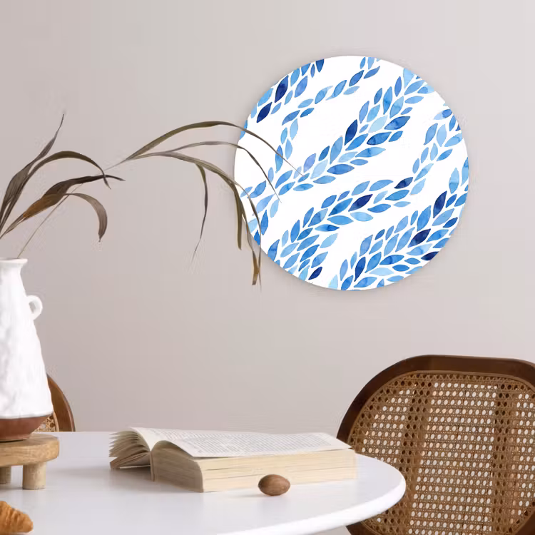 Bladeren - Aquarel - Patroon - Modern - Blauw Wandcirkel kunststof plaat 5mm dik klein -sfeer4