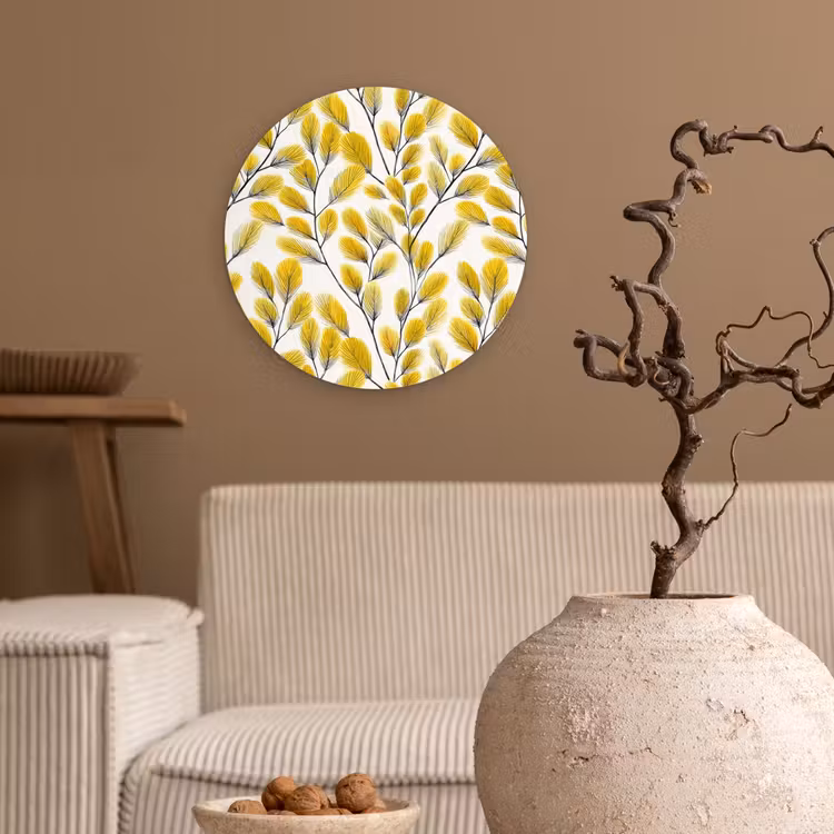 Bladeren - Botanisch - Elegant - Geel - Zwart Wandcirkel kunststof plaat 5mm dik klein 188 -sfeer1