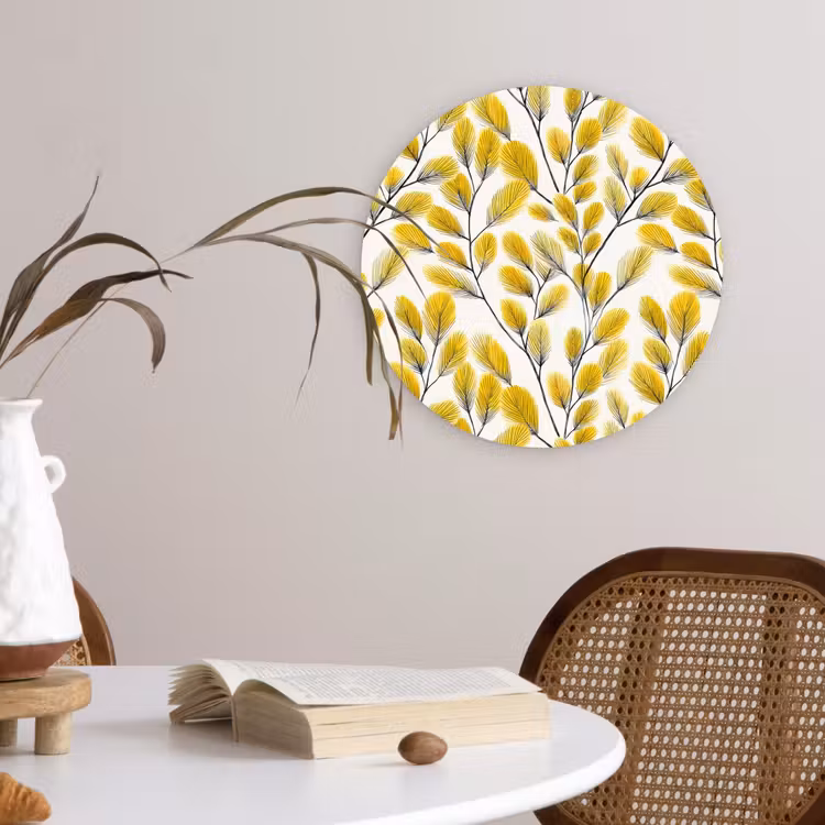Bladeren - Botanisch - Elegant - Geel - Zwart Wandcirkel kunststof plaat 5mm dik klein 188 -sfeer4
