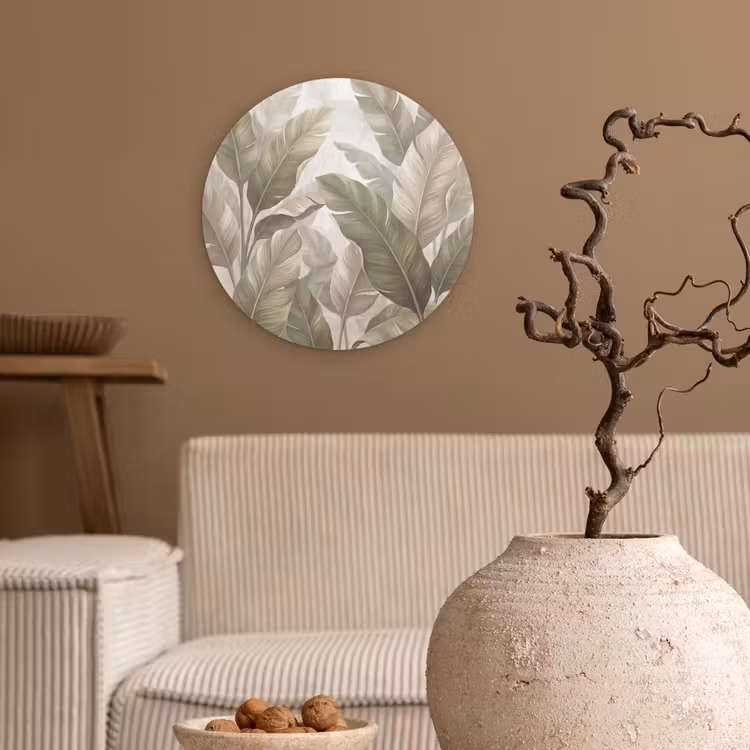 Bladeren - Tropisch - Natuur - Abstract - Beige Wandcirkel kunststof plaat 5mm dik klein -sfeer1