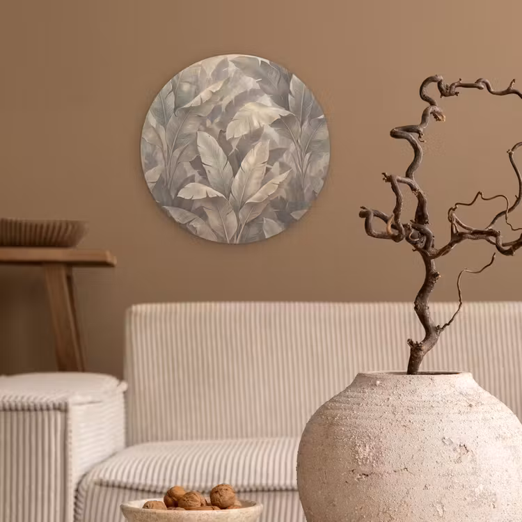 Bladeren - Tropisch - Natuur - Modern - Beige Wandcirkel kunststof plaat 5mm dik klein -sfeer1