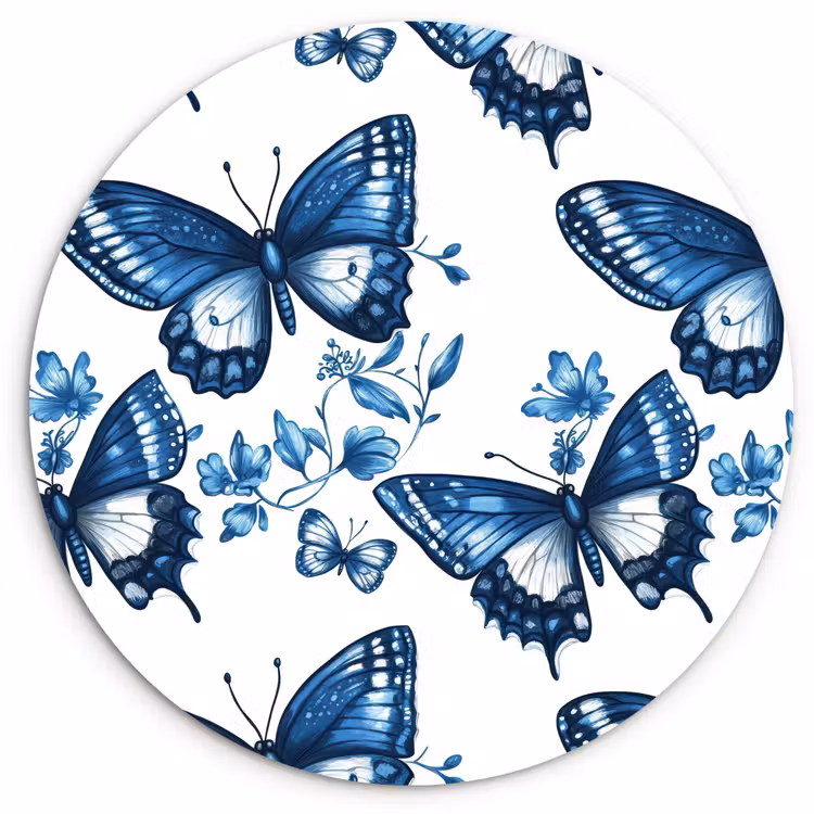 Blauw - Vlinders - Bloemen - Wit Wandcirkel kunststof plaat 5mm dik klein 188 -3d