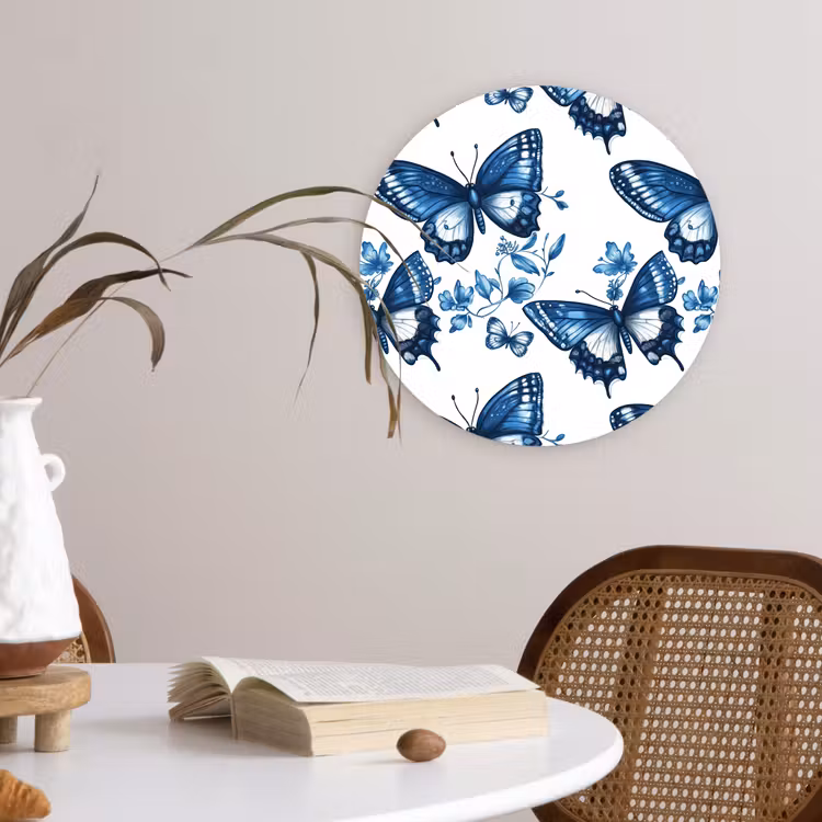Blauw - Vlinders - Bloemen - Wit Wandcirkel kunststof plaat 5mm dik klein 188 -sfeer4