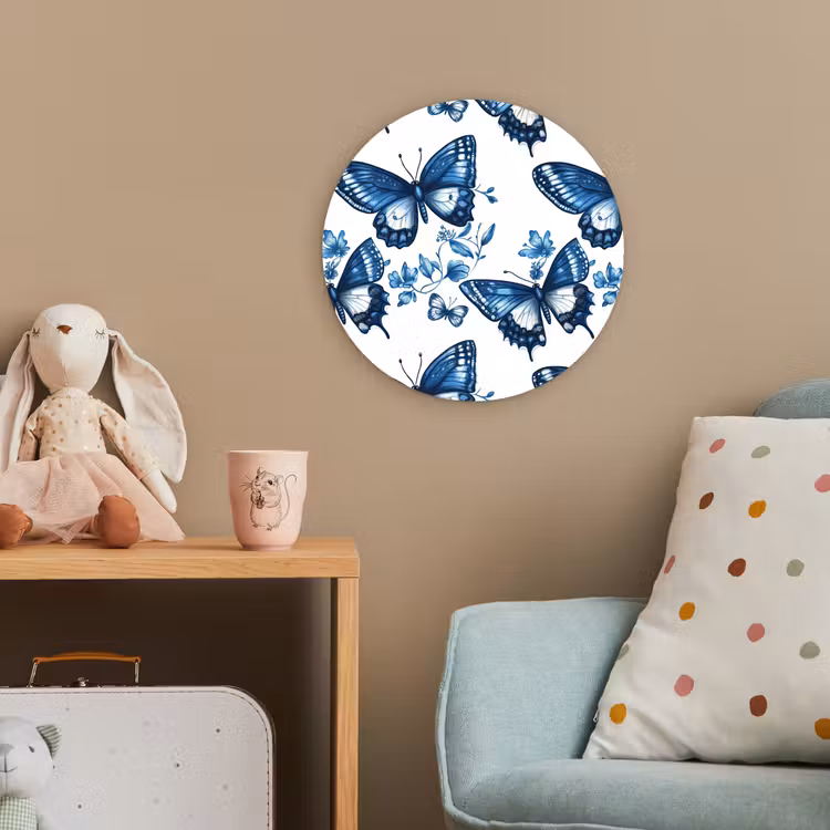 Blauw - Vlinders - Bloemen - Wit Wandcirkel kunststof plaat 5mm dik klein 188 -tsfeer1_kind