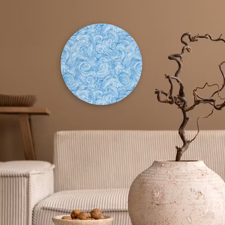 Blauw - Wit - Spiraal - Golven - Lijnen Wandcirkel kunststof plaat 5mm dik klein 188 -sfeer1
