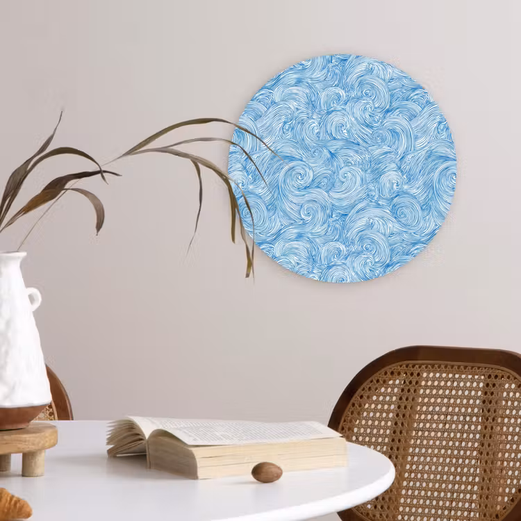Blauw - Wit - Spiraal - Golven - Lijnen Wandcirkel kunststof plaat 5mm dik klein 188 -sfeer4