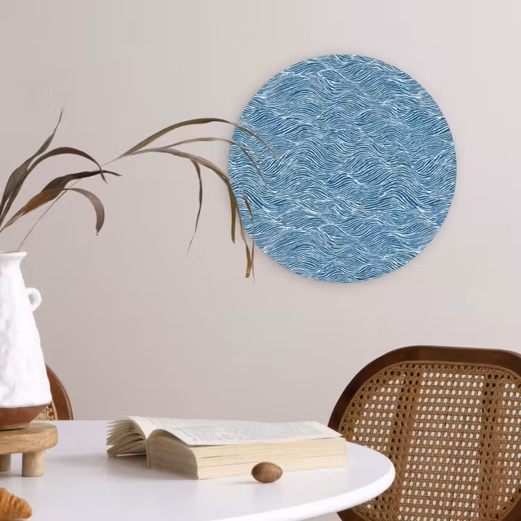 Blauw - Wit - Golven - Getekend - Textuur Wandcirkel kunststof plaat 5mm dik klein 188 -sfeer4