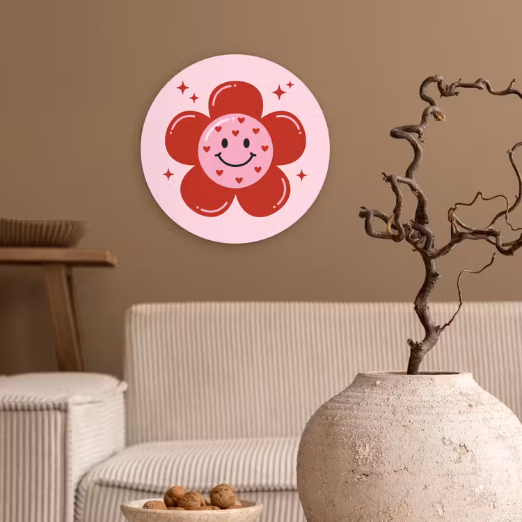 Bloem - Roze - Hartjes Wandcirkel kunststof plaat 5mm dik klein -sfeer1