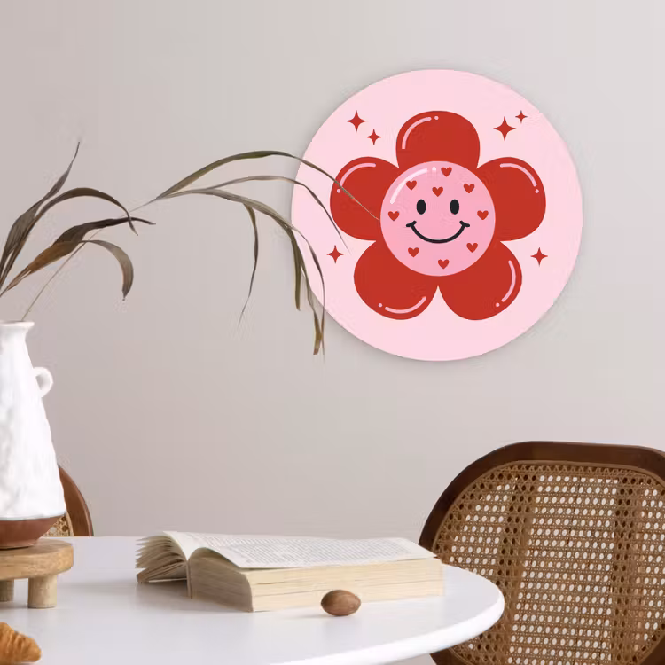 Bloem - Roze - Hartjes Wandcirkel kunststof plaat 5mm dik klein -sfeer4