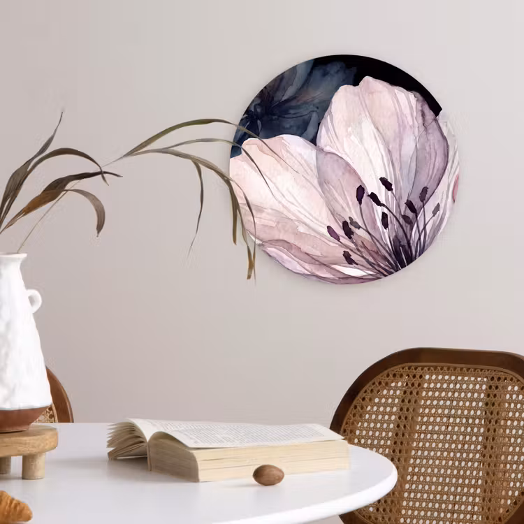 Bloemen - Aquarel - Modern - Roze - Donker Wandcirkel kunststof plaat 5mm dik klein -sfeer4