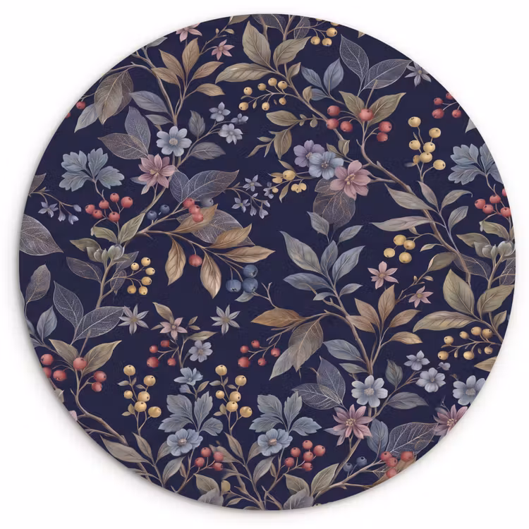 Bloemen - Bladeren - Patroon - Botanisch - Donkerblauw Wandcirkel kunststof plaat 5mm dik klein -3d