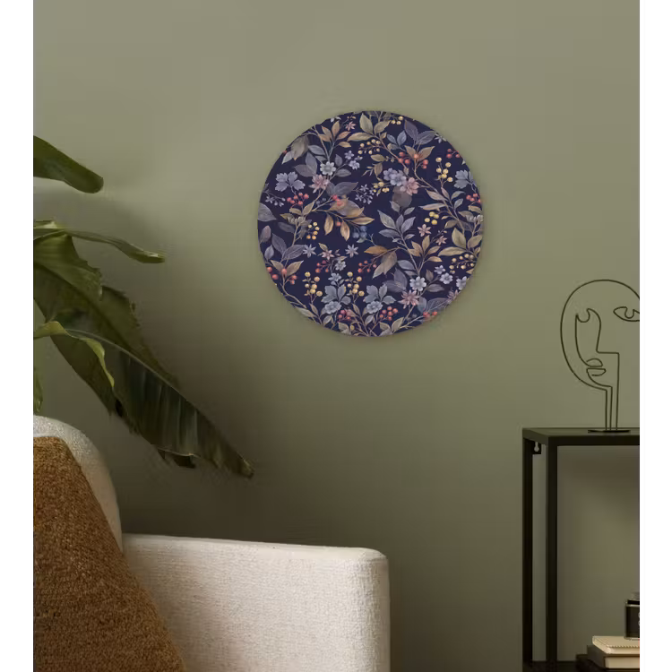 Bloemen - Bladeren - Patroon - Botanisch - Donkerblauw Wandcirkel kunststof plaat 5mm dik klein -sfeer3