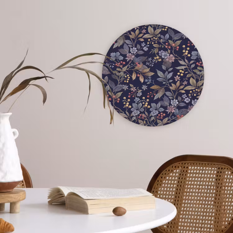 Bloemen - Bladeren - Patroon - Botanisch - Donkerblauw Wandcirkel kunststof plaat 5mm dik klein -sfeer4