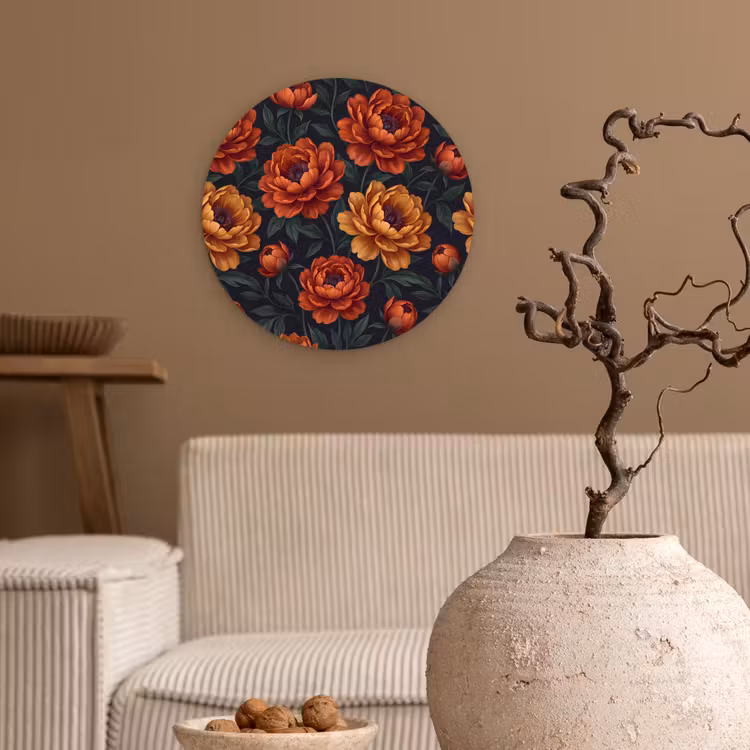 Bloemen - Bladeren - Natuur - Modern - Oranje Wandcirkel kunststof plaat 5mm dik klein -sfeer1