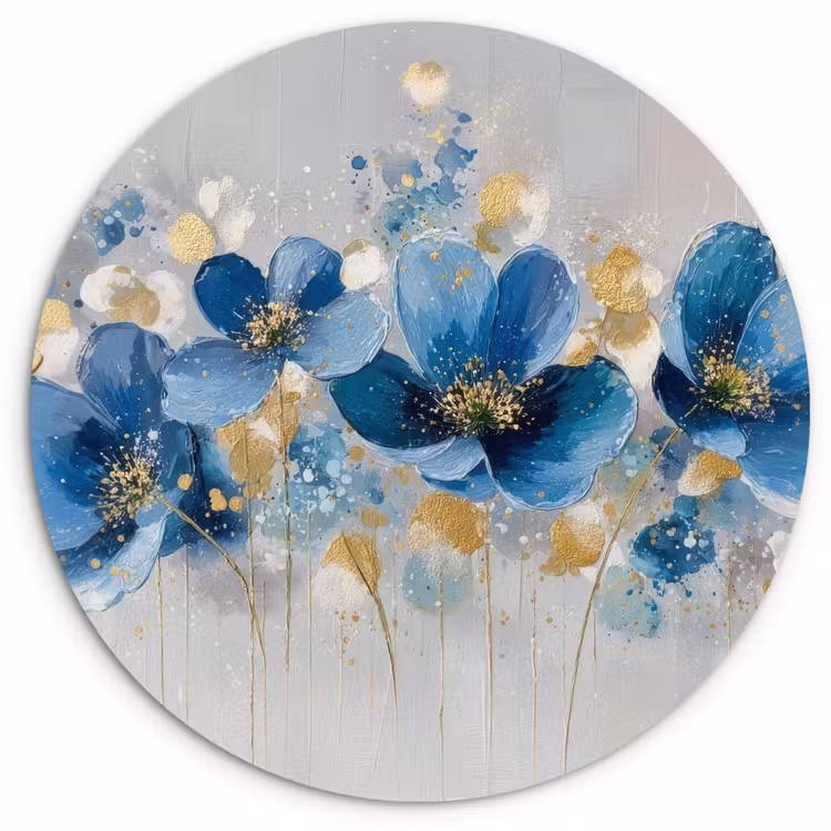 Bloemen - Blauw - Abstract Wandcirkel kunststof plaat 5mm dik klein -3d