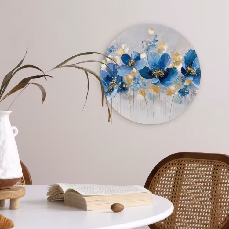 Bloemen - Blauw - Abstract Wandcirkel kunststof plaat 5mm dik klein -sfeer4