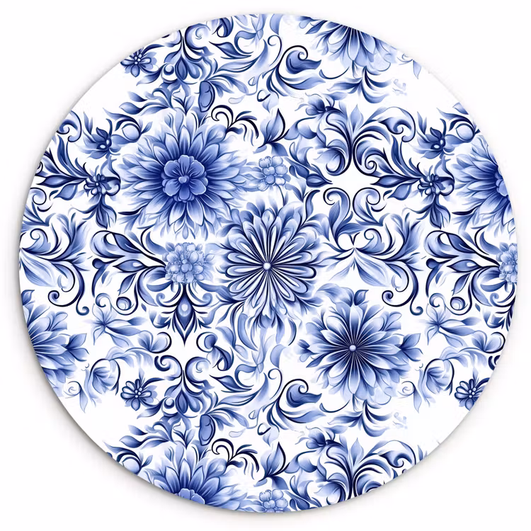 Bloemen - Blauw - Patroon - Wit Wandcirkel kunststof plaat 5mm dik klein 188 -3d